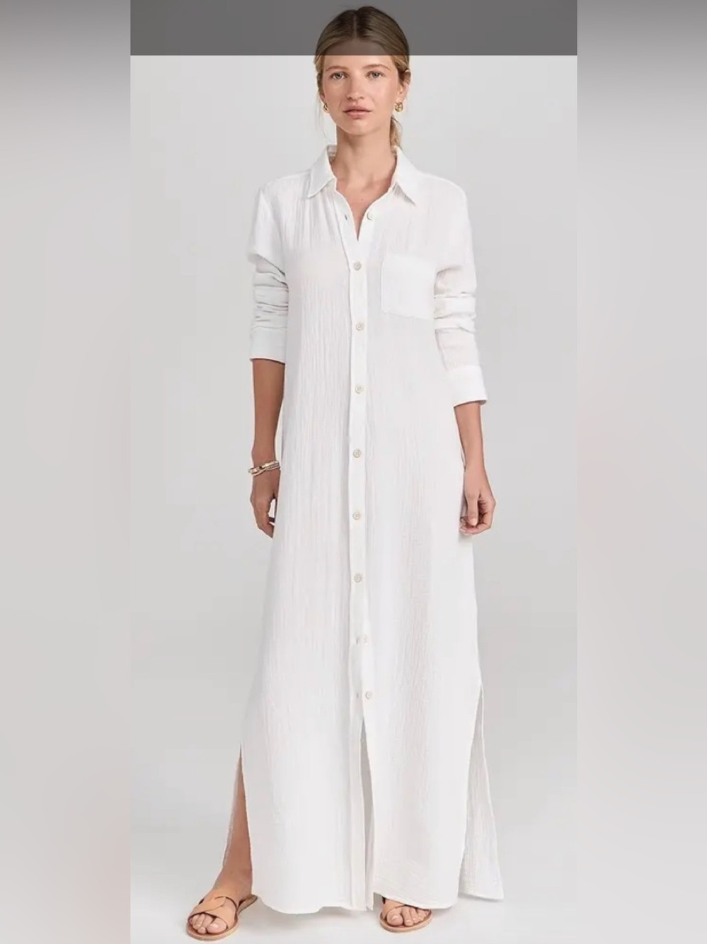 Faherty Dream White Long Button-Down Crinkle Gauze Shirt Dress